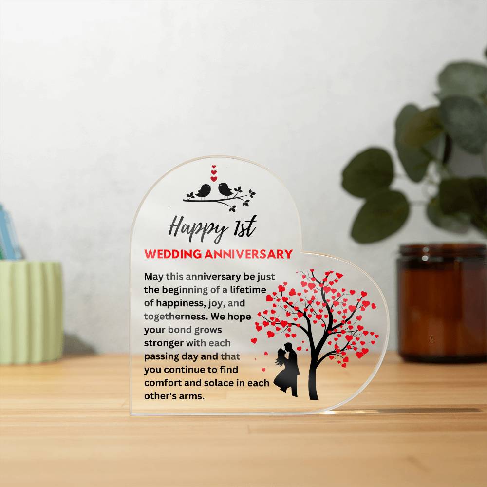 Happy 1st Anniversary - Printed Heart Shaped Acrylic Plaque