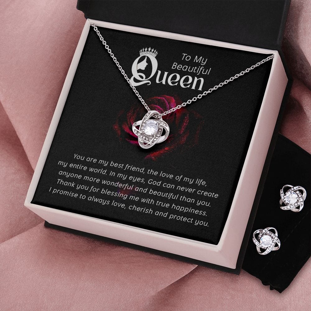 To My Beautiful Queen - 14K Love Knot Necklace & Earring Set