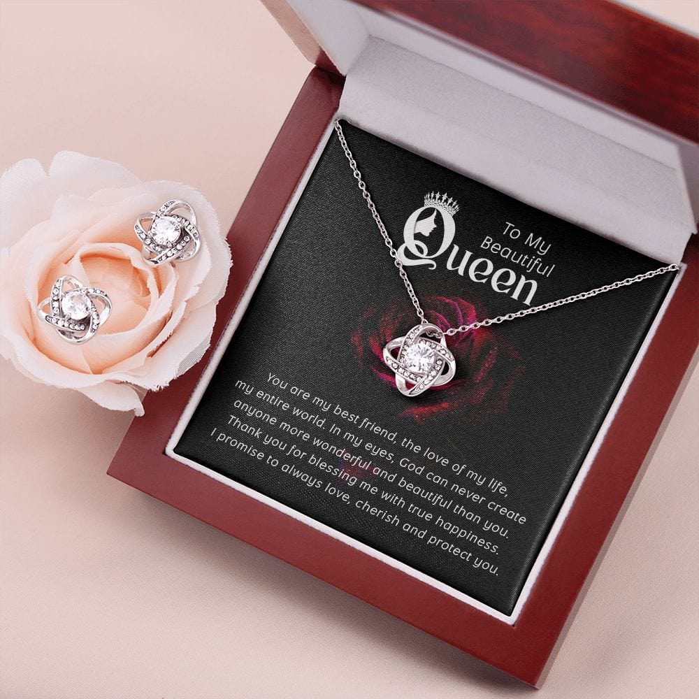 To My Beautiful Queen - 14K Love Knot Necklace & Earring Set