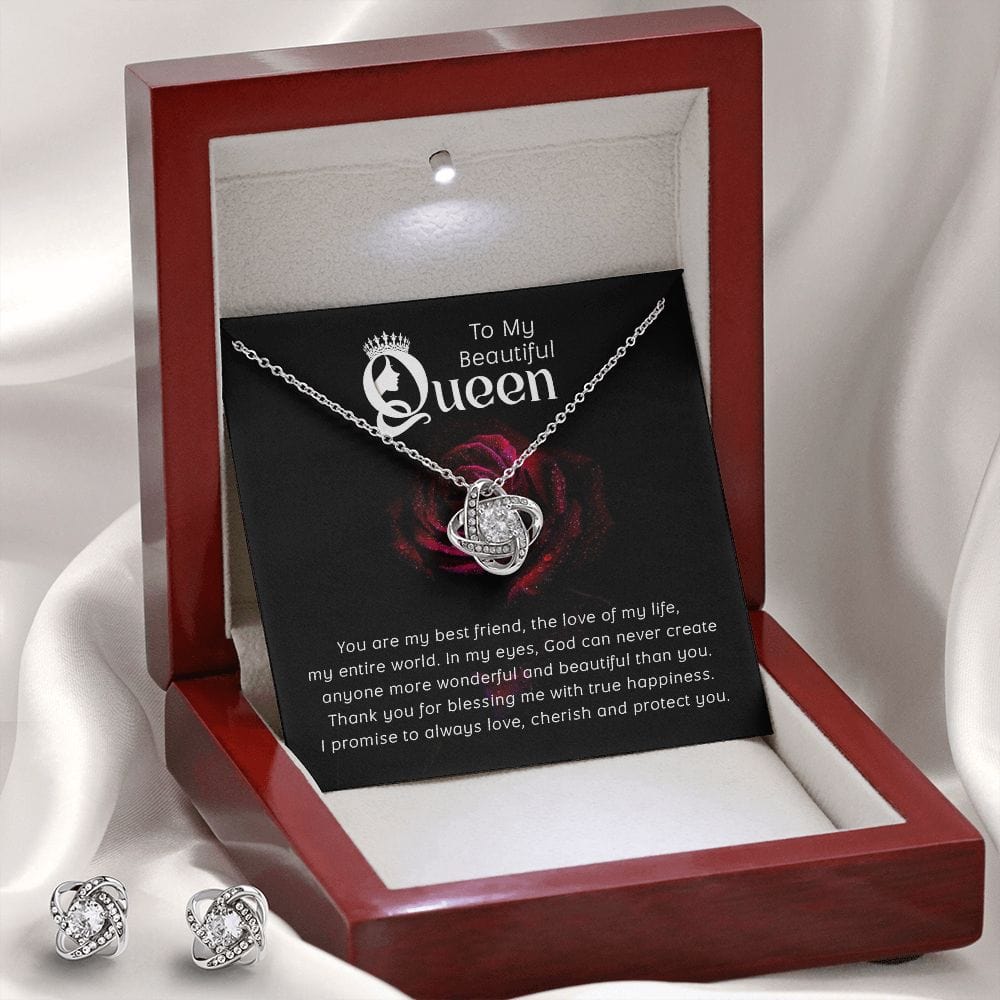 To My Beautiful Queen - 14K Love Knot Necklace & Earring Set